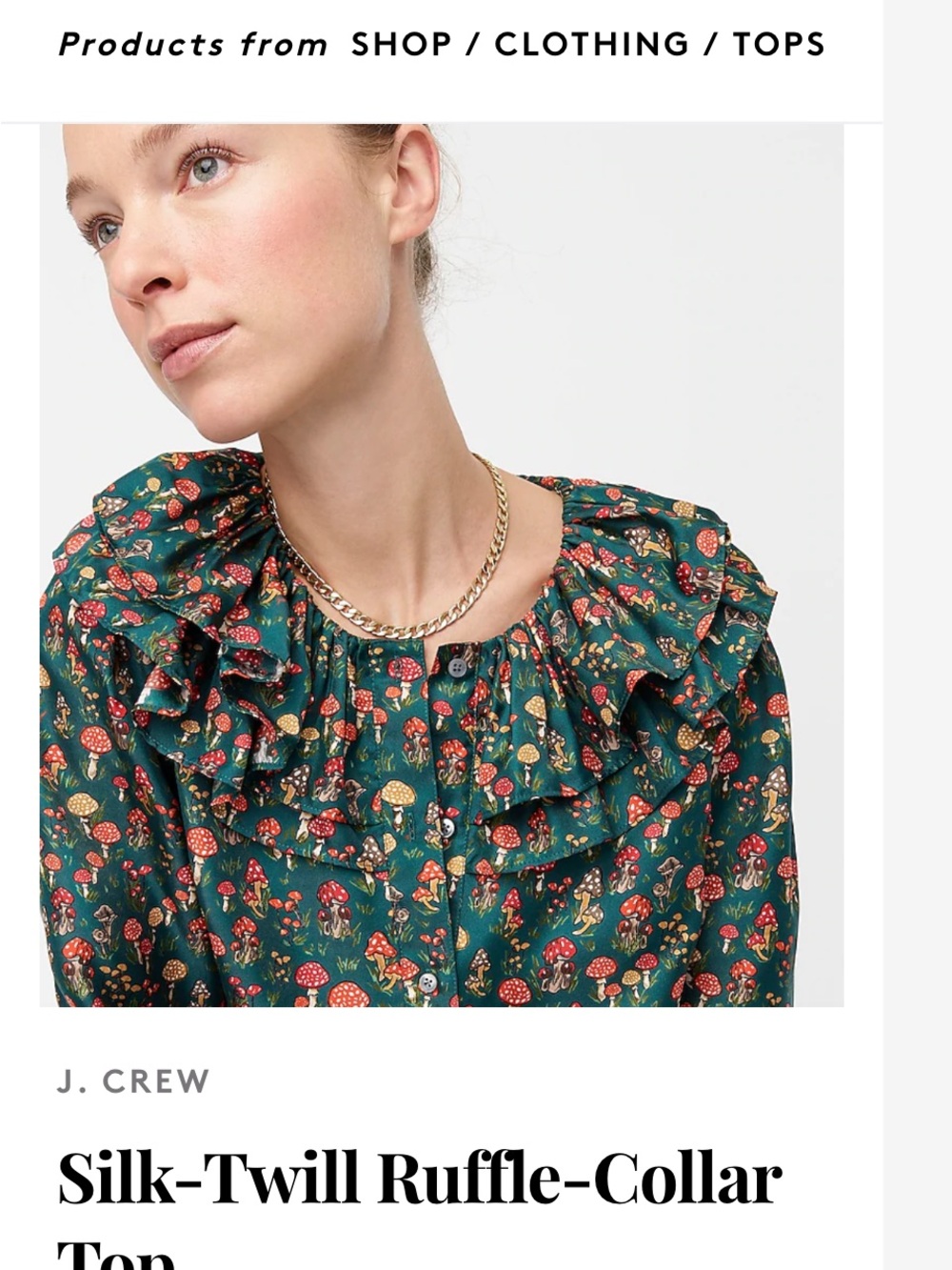 J. Crew Emerald Green Mushroom Print Ruffle Blouse - Picture 2 of 9